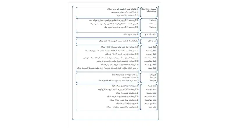 نمونه رژیم دکتر کرمانی برای وزن ۶۰